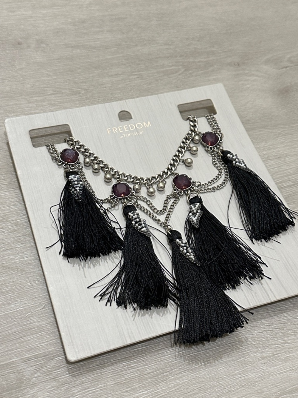 NWT Freedom Topshop Black Tassel Necklace with Purple Gemstone Accents